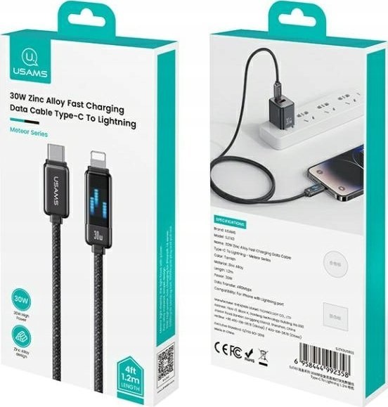 Kabllo USB Usams Meteor SJ743USB0, USB C në Lightning, 30W, 1.2m, e zezë