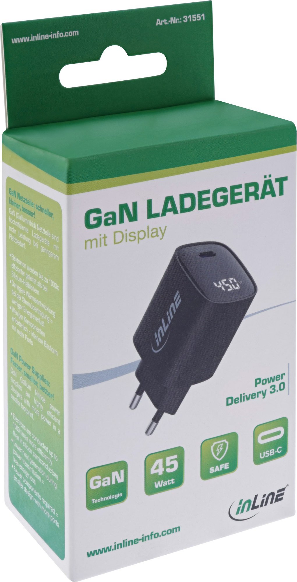 Karikues muri InLine, USB C, 45W PD GaN, me ekran, i bardhë