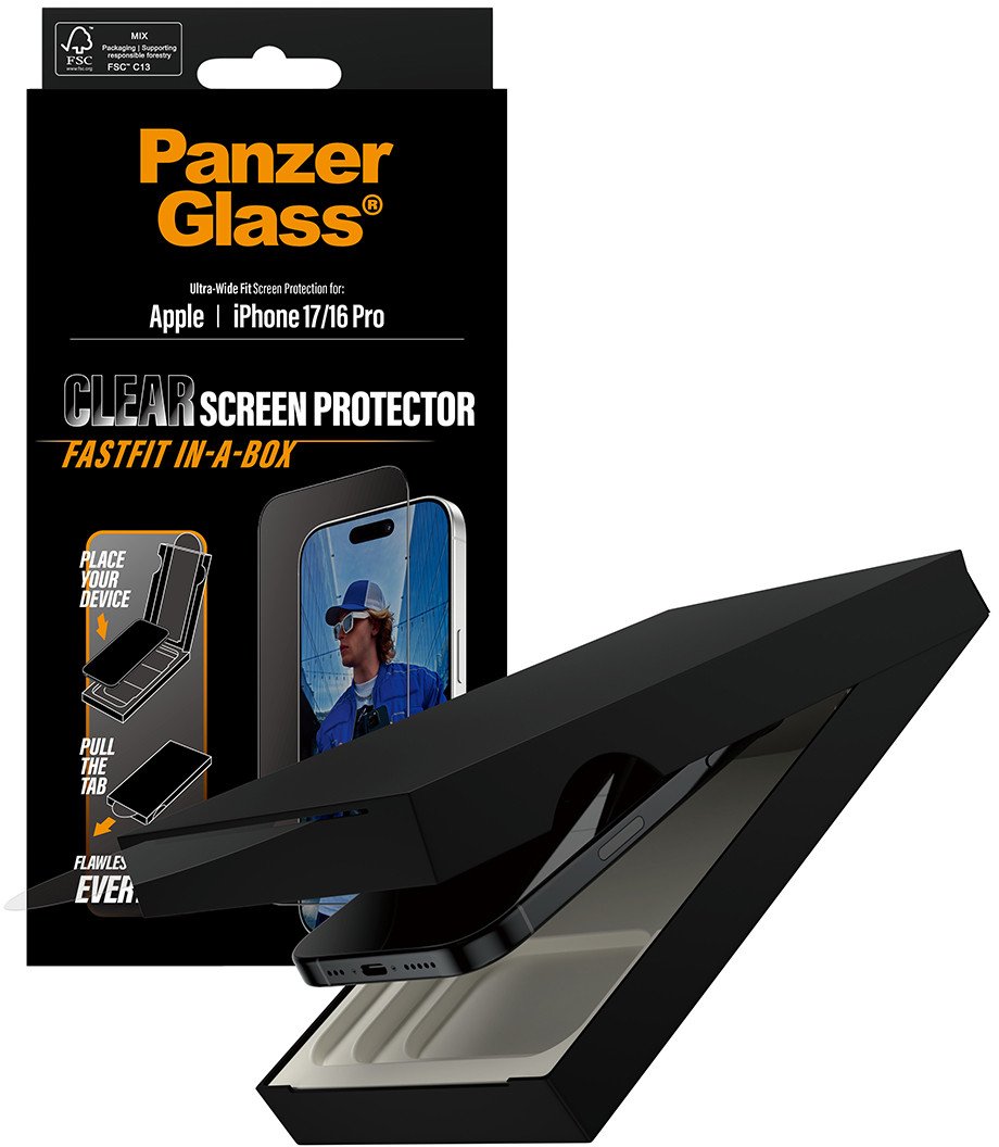 Mbrojtëse ekrani PanzerGlass për iPhone 17 dhe iPhone 16 Pro, Ultra Wide Fit, FASTFIT in a Box, transparente