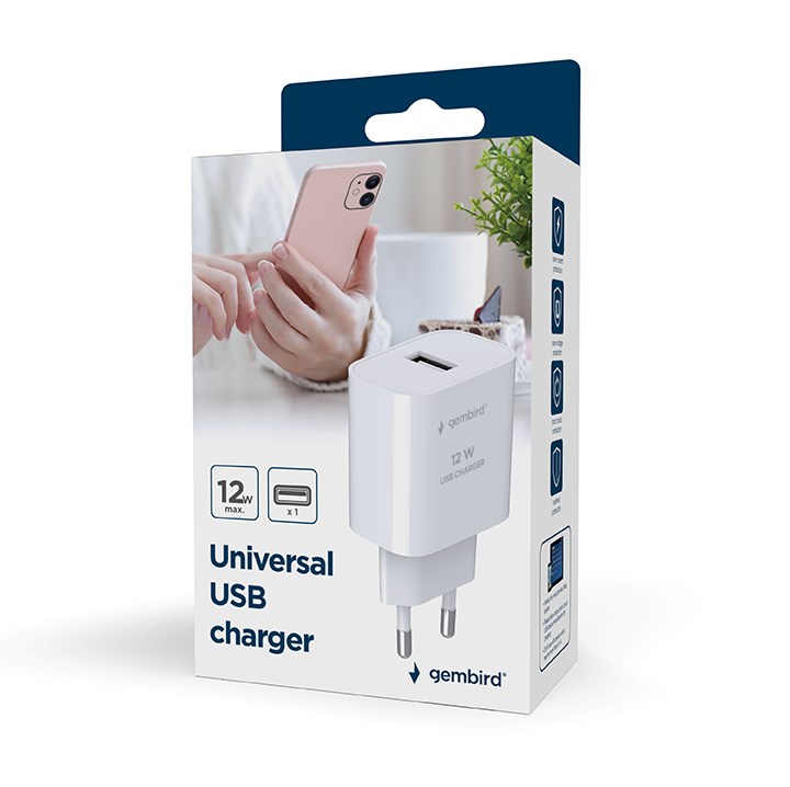 Karikues universal USB Gembird, 2.4A, 1 port, i bardhë