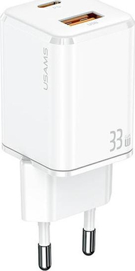 Karikues muror Usams T43 US-CC144, 33W, 1x USB A 1x USB C, i bardhë