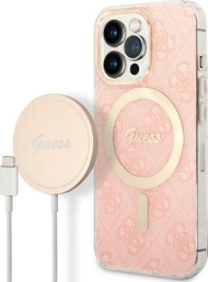 Set karikues me futrollë Guess GUBPP13XH4EACSP për iPhone 13 Pro Max, MagSafe, koleksioni 4G Print, rozë