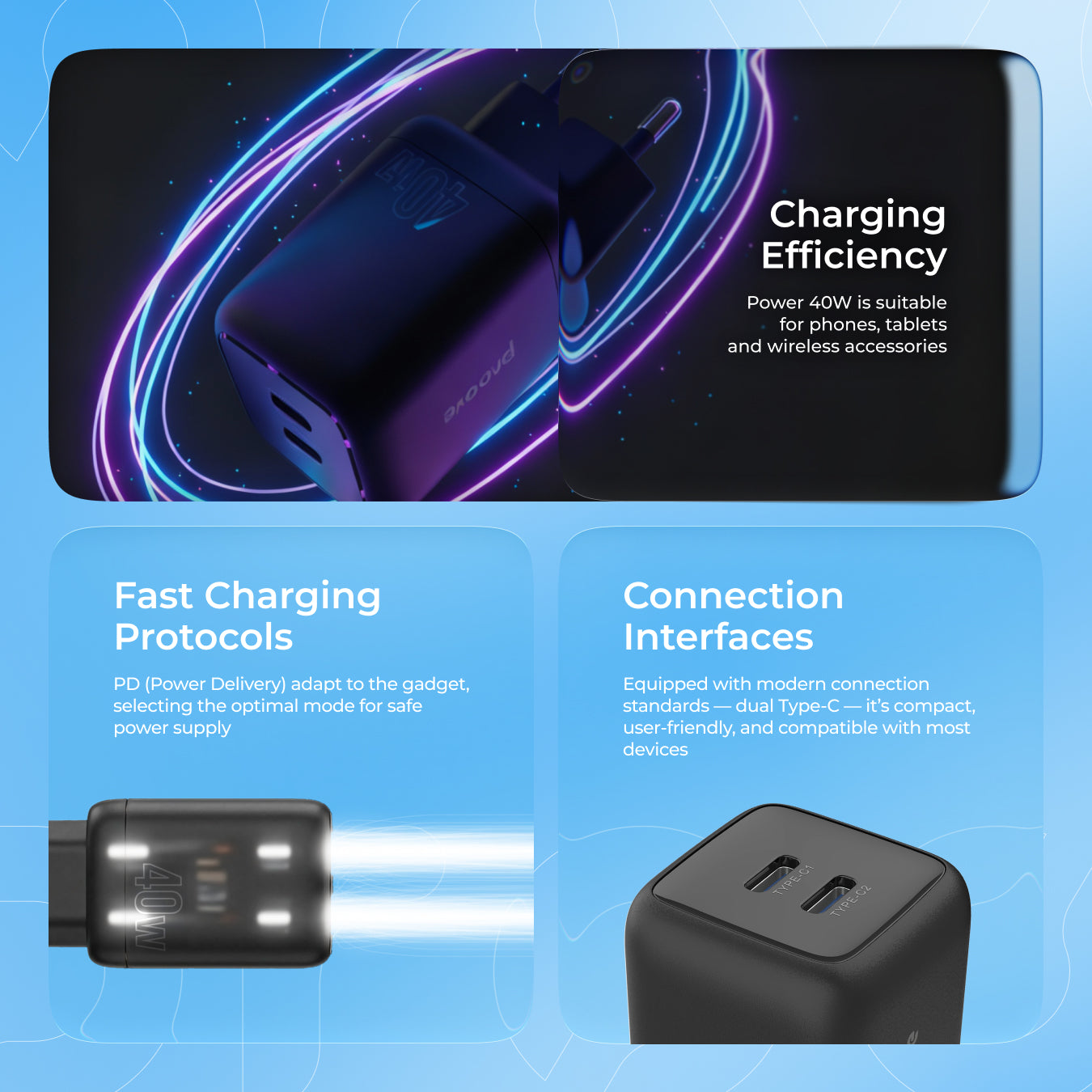 Karikues muri Proove Silicone Power, 40W, me 2×Type-C, i zi