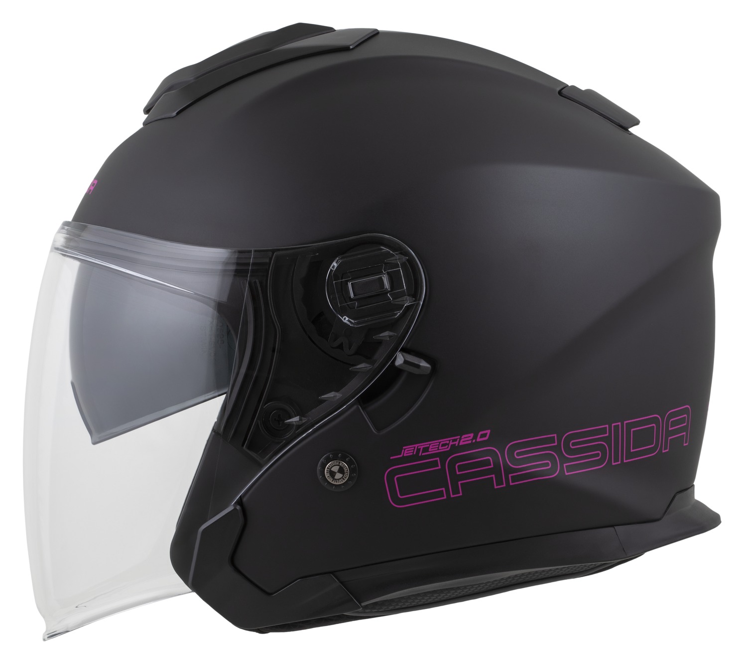 Helmetë jet Cassida Jet Tech 2.0 Solid, polycarbonate, ECE 22.06, e zezë mat rozë