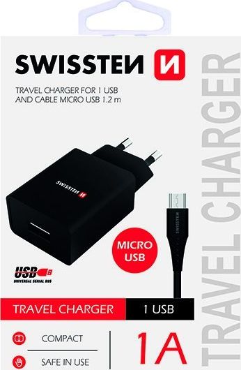 Karikues muri Swissten Power Adapter Smart IC, 5W, 1x USB 1A me kabllo MicroUSB 1.2m, i zi