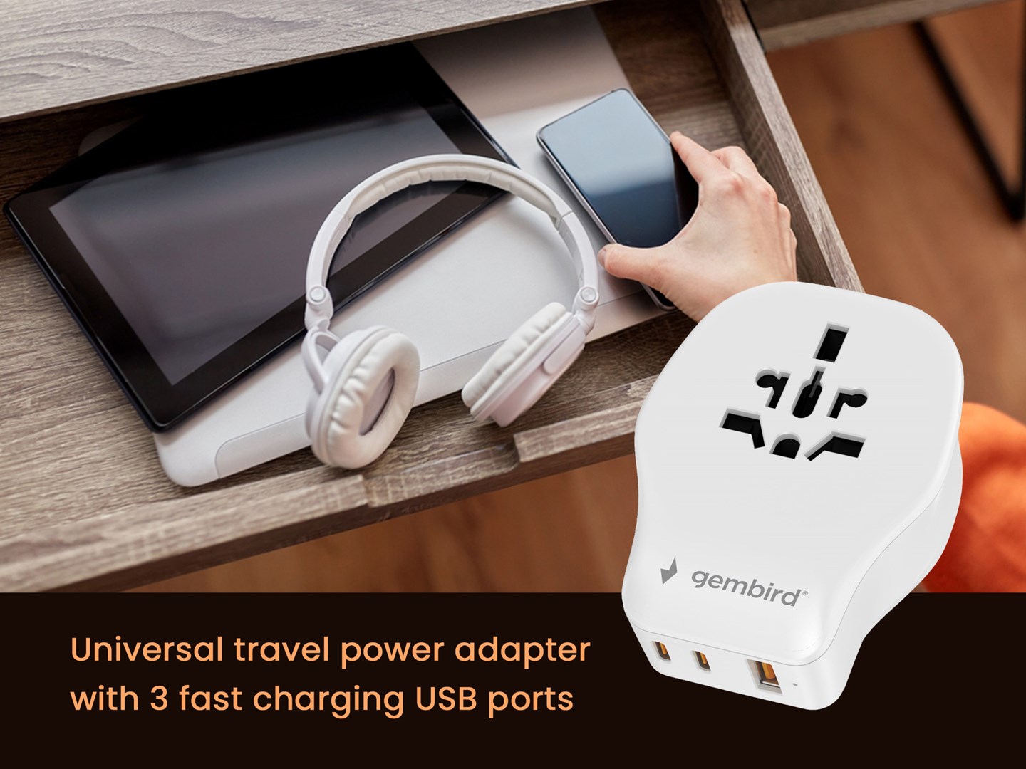 Përshtatës universal udhëtimi Gembird UPA‑CH3P65‑01, 20W, 2x USB C PD, 1x USB A QC 3.0, i bardhë