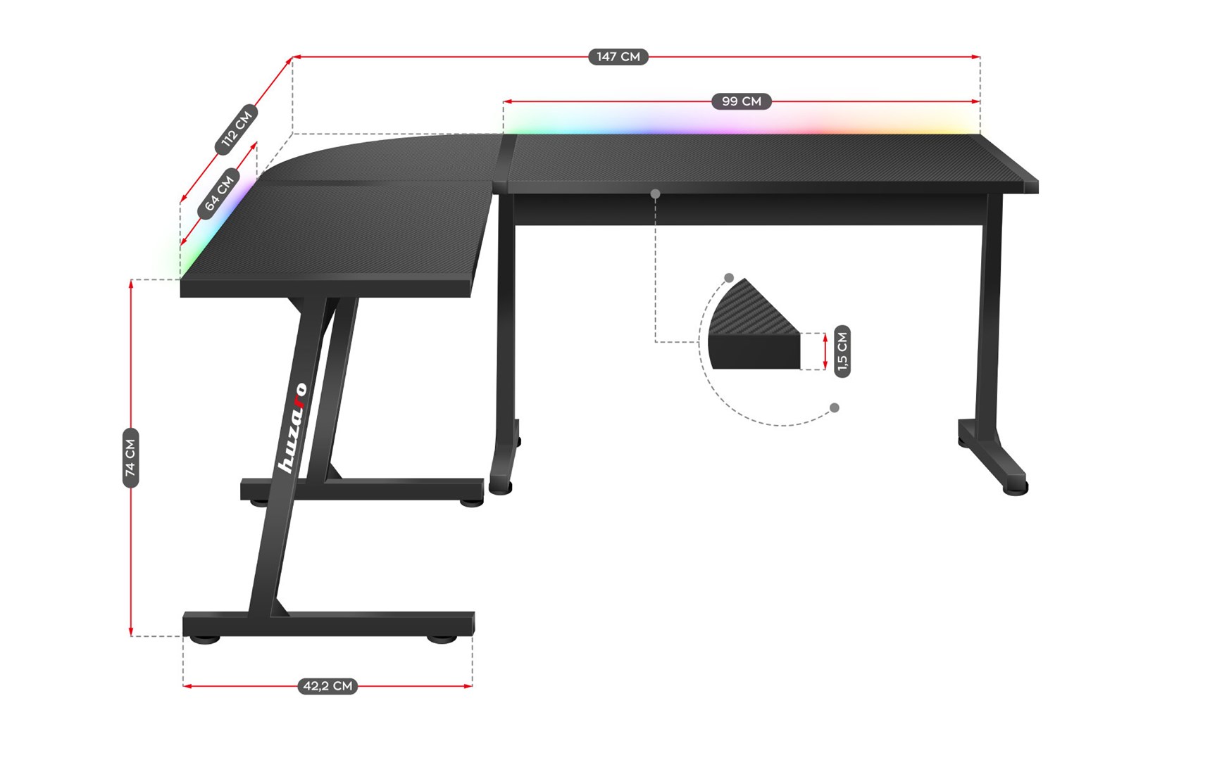 Tavolinë lojërash Huzaro Hero 6.0, RGB LED, e zezë