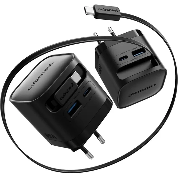 Полнач Cubenest S3D2 PD GaN, 65W, со USB C кабел, црн