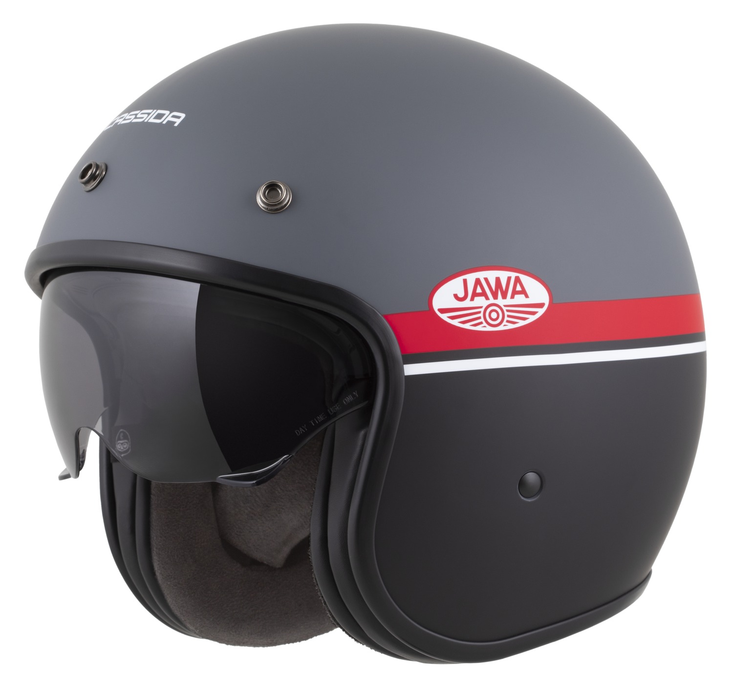 Helmetë moto CASSIDA Oxygen 2.0 Jawa OHC, e hapur, me diell të brendshëm, gri mat e kuqe e zezë e bardhë
