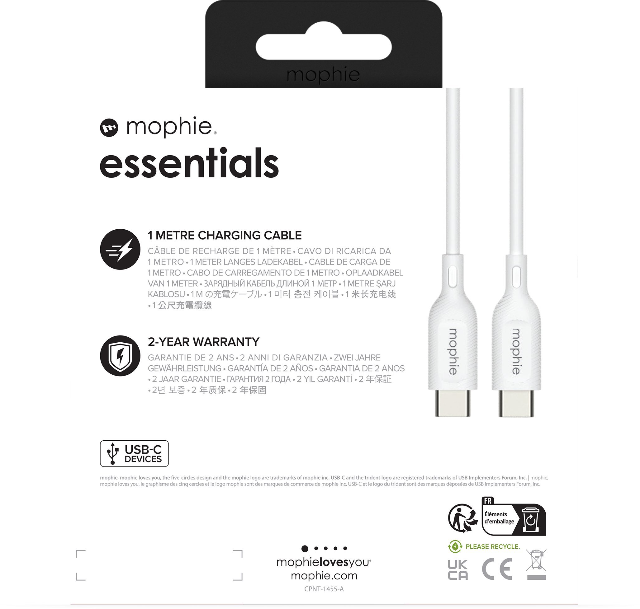 Kabllo karikues Mophie Essentials, USB C, 1m, 60W, e bardhë