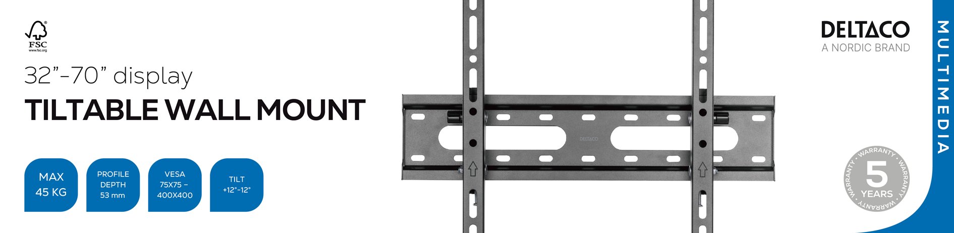 Mbajtëse muri TV Deltaco, 32"-70", deri 45kg, VESA 100x100, e zezë