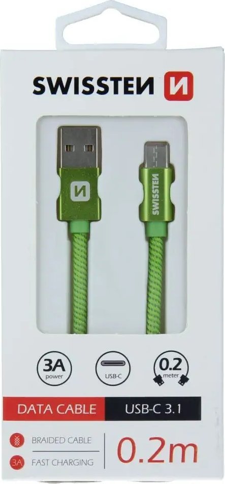 Kabllo USB në USB C Swissten Textile, 0.2m, 3A, e zezë