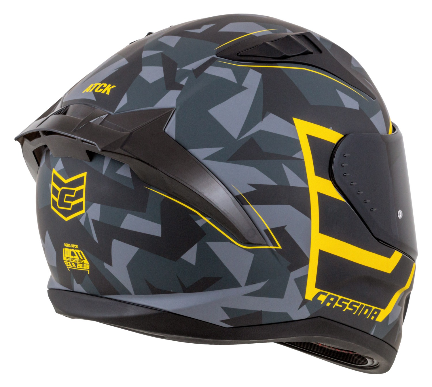 Helmetë moto CASSIDA Aero ATCK, integrale, polikarbonat, gri kamuflazh e zezë e verdhë neon