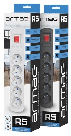 Kabllo zgjatëse Armac R5, 5x priza, FR, me ndërprerës, 3m, e zezë