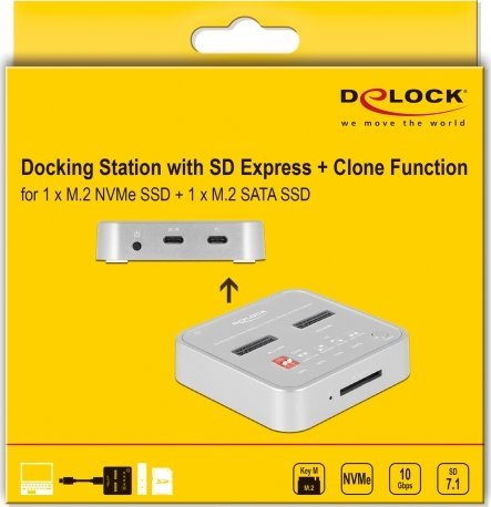 Docking station DeLOCK 64138, M.2 SATA NVMe SD Express, USB, argjendi