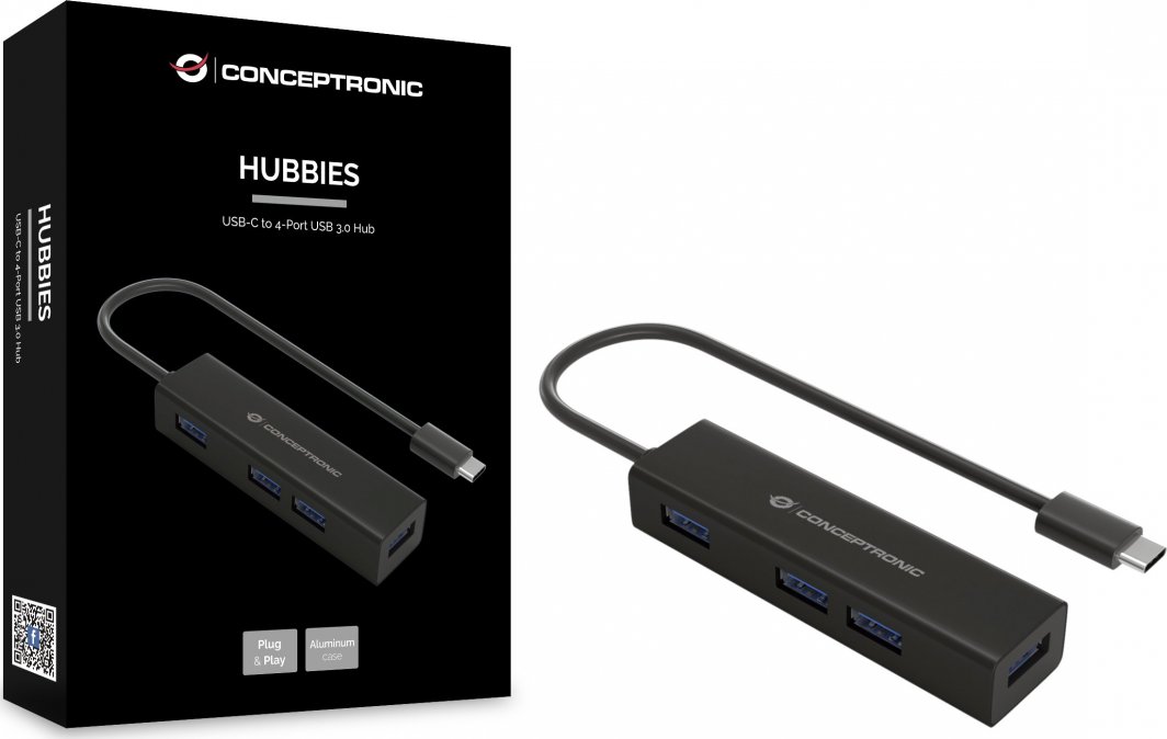HUB USB Conceptronic HUBBIES07B, USB C në 4x USB 3.0, 5 Gbit/s, i zi