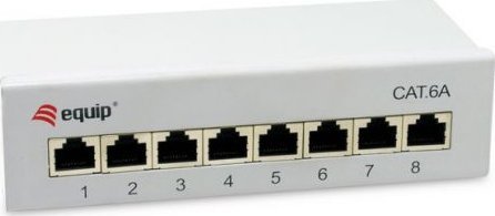 Patch panel LevelOne Equip 326521, 8 porta RJ45 Cat.6A, desktop 1U, gri e hapur