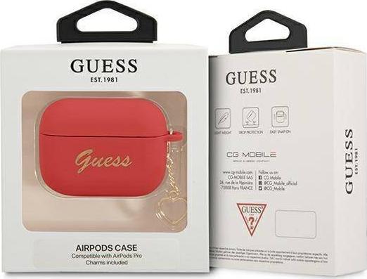 Mbulesë silikoni Guess Heart Collection për AirPods Pro, me varëse, e kuqe