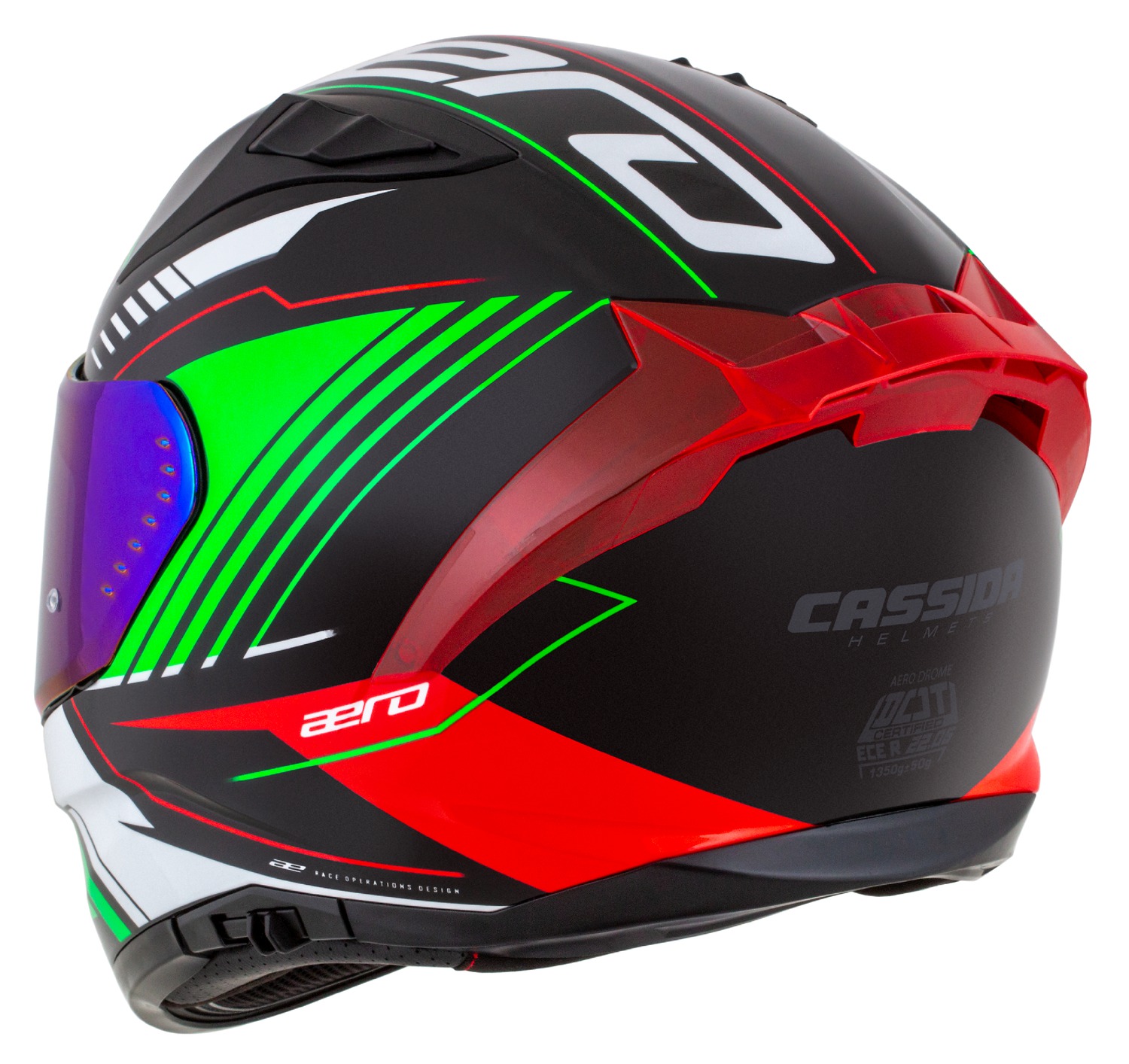 Helmetë moto CASSIDA Aero Drome 2026, integrale, polikarbonat, e zezë perlë e kuqe jeshile e bardhë