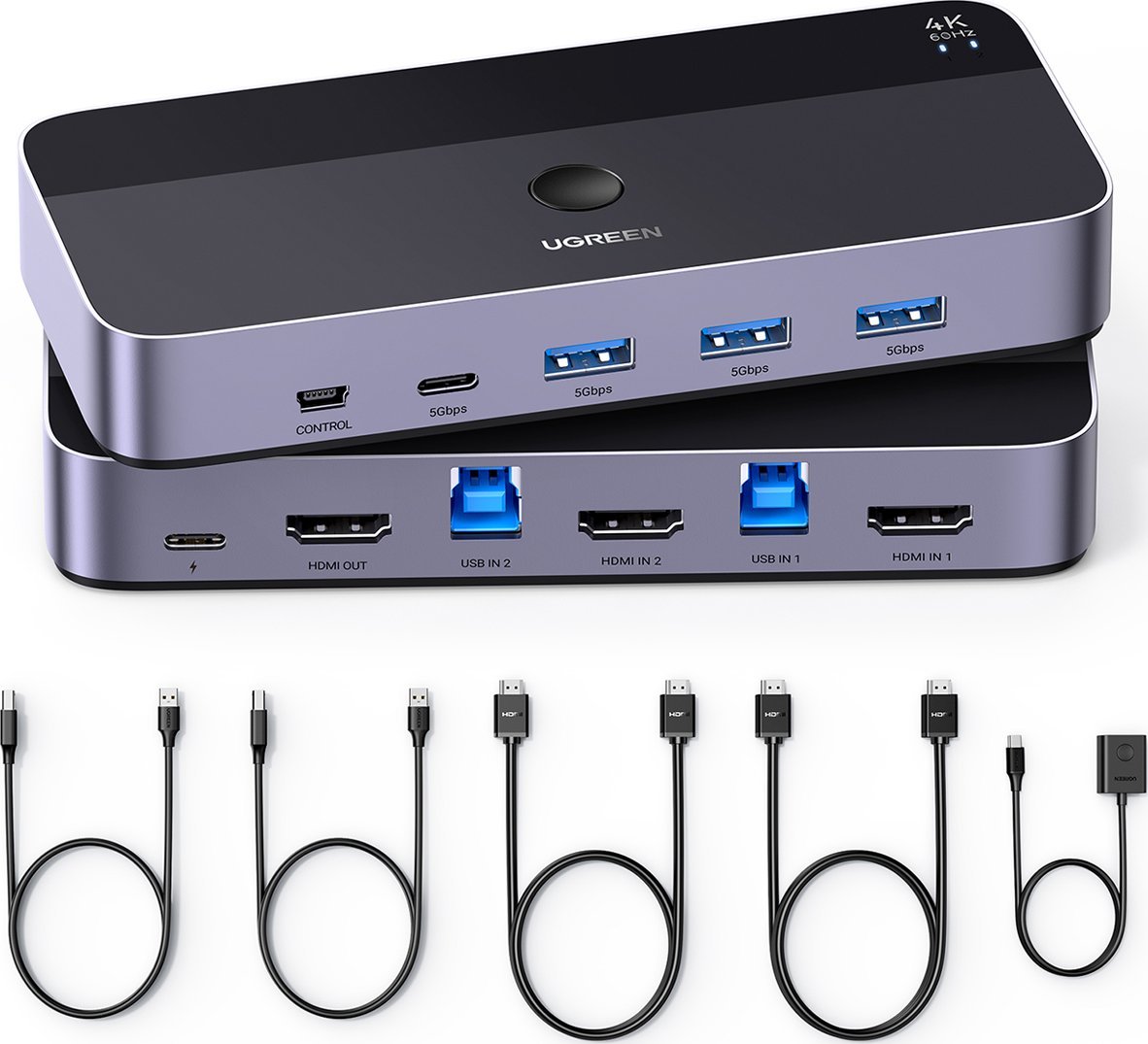 Ndërrues KVM Ugreen CM664, 2 PC në 1 monitor, 4 porta USB 3.0, 4K 60Hz