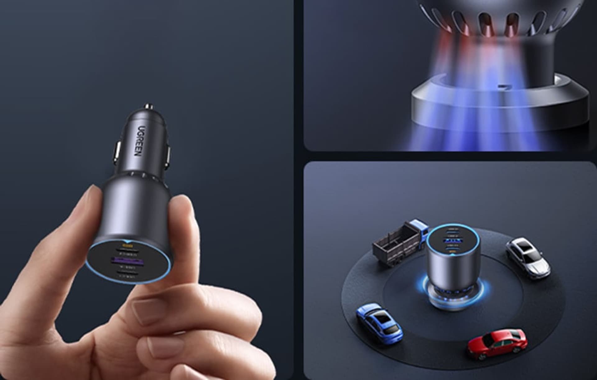 Karikues makine Ugreen 130W 3 porta, karikim i shpejtë, gri