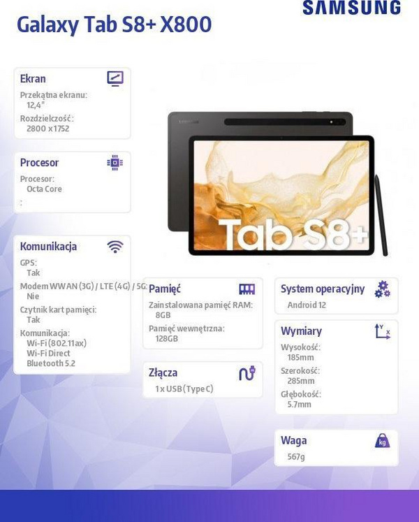 Tableti Samsung Galaxy Tab S8 Plus, 12.4", 128GB, gri