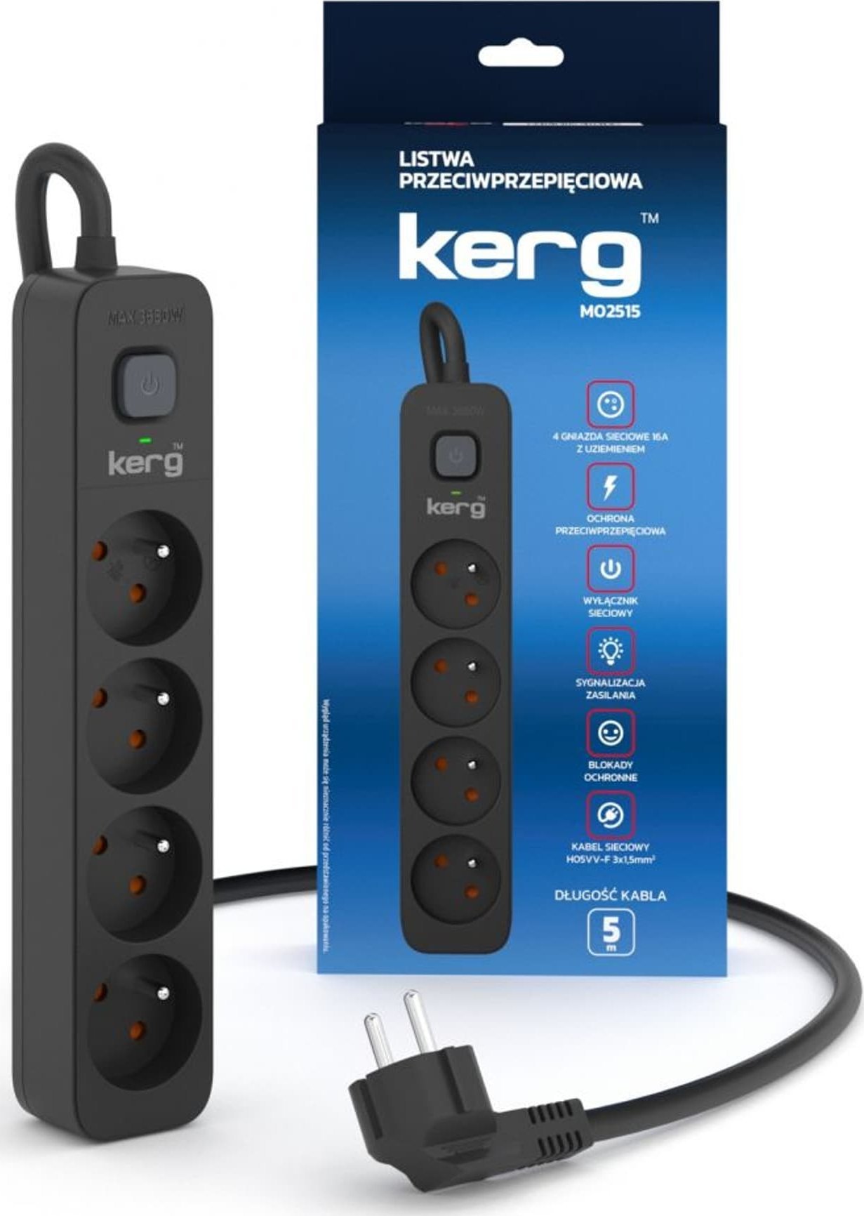 Zgjatës elektrik KERG Anti-Surge, 4 dalje, 5m, i zi