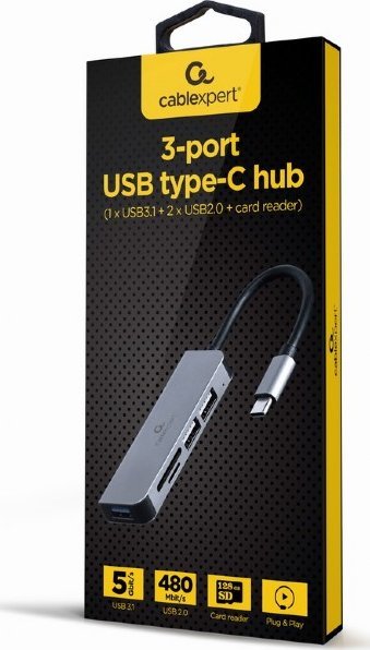 USB Hub Gembird Type-C, 3 porte USB-A / 1 x SD / 1 x MicroSD (TF), i argjendtë