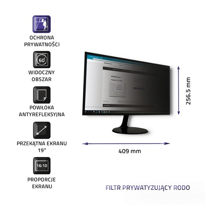 Filtër privatësie Qoltec RODO, 19", 16:10, i zi