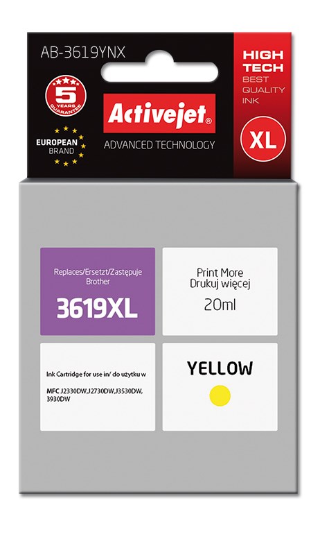 Ngjyrë për printer Activejet AB-3619YNX (zëvendësim për Brother LC3619Y), 20 ml, e verdhë