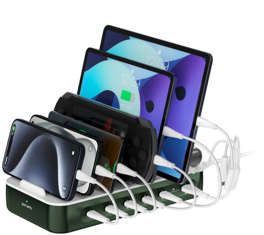 Stacion karikimi 4smarts Team 100W, 5x USB C 1x USB A, me 6 kabllo, i gjelbër