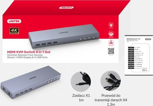 Switch Unitek 4K HDMI 2.0, 4 në 1, i hirtë
