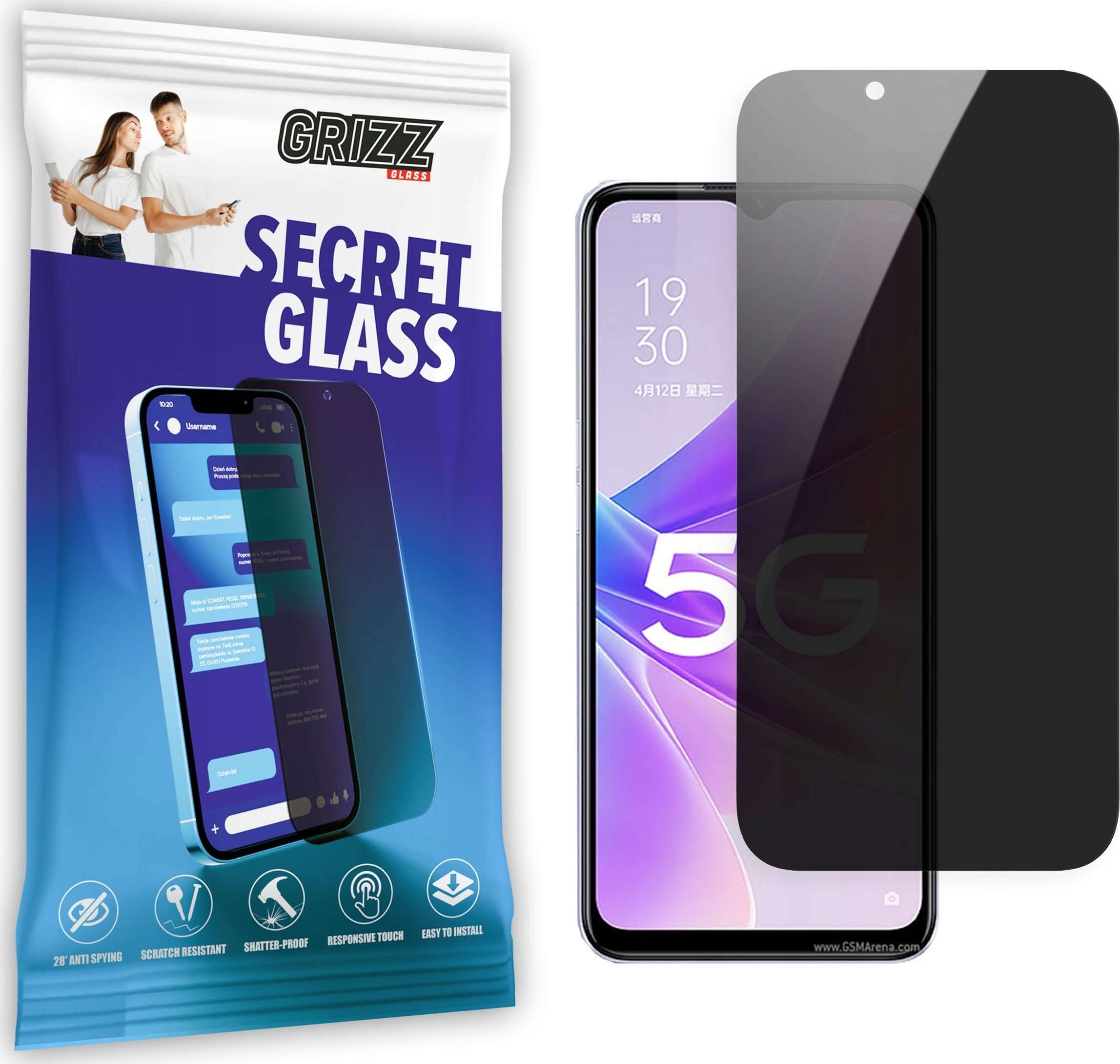 Mbrojtëse ekrani GrizzGlass Matte SecretGlass për Oppo A57 5G, efekt privatësie, xham i tejdukshëm
