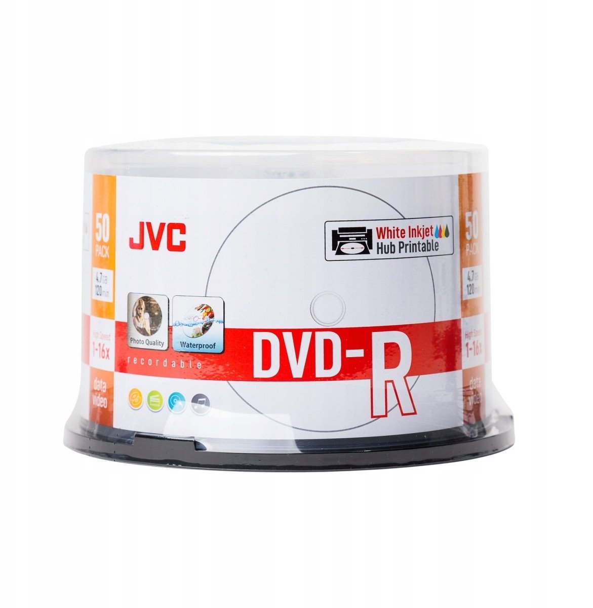 Дискови DVD-R JVC, 4.7GB, 16X, инкџет печатливи, фото сјајни, отпорни на вода, пакување 50 парчиња