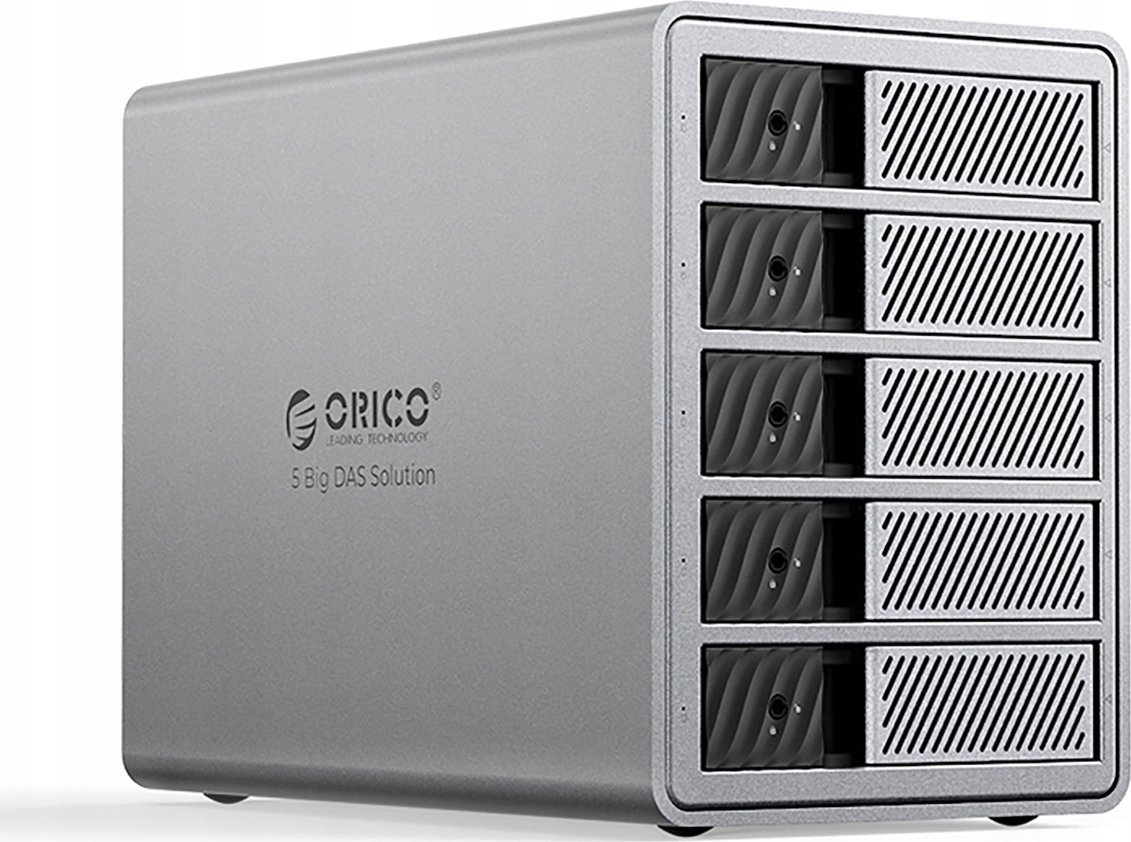 Kuti disqesh Orico 9858T3, 5x 2.5"/3.5" SATA HDD SSD, Thunderbolt 3, argjendtë