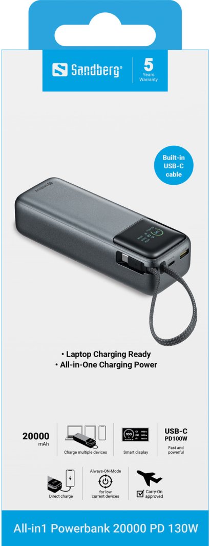 Powerbanku Sandberg All-in1 20000 PD, 130W, USB-C, gri