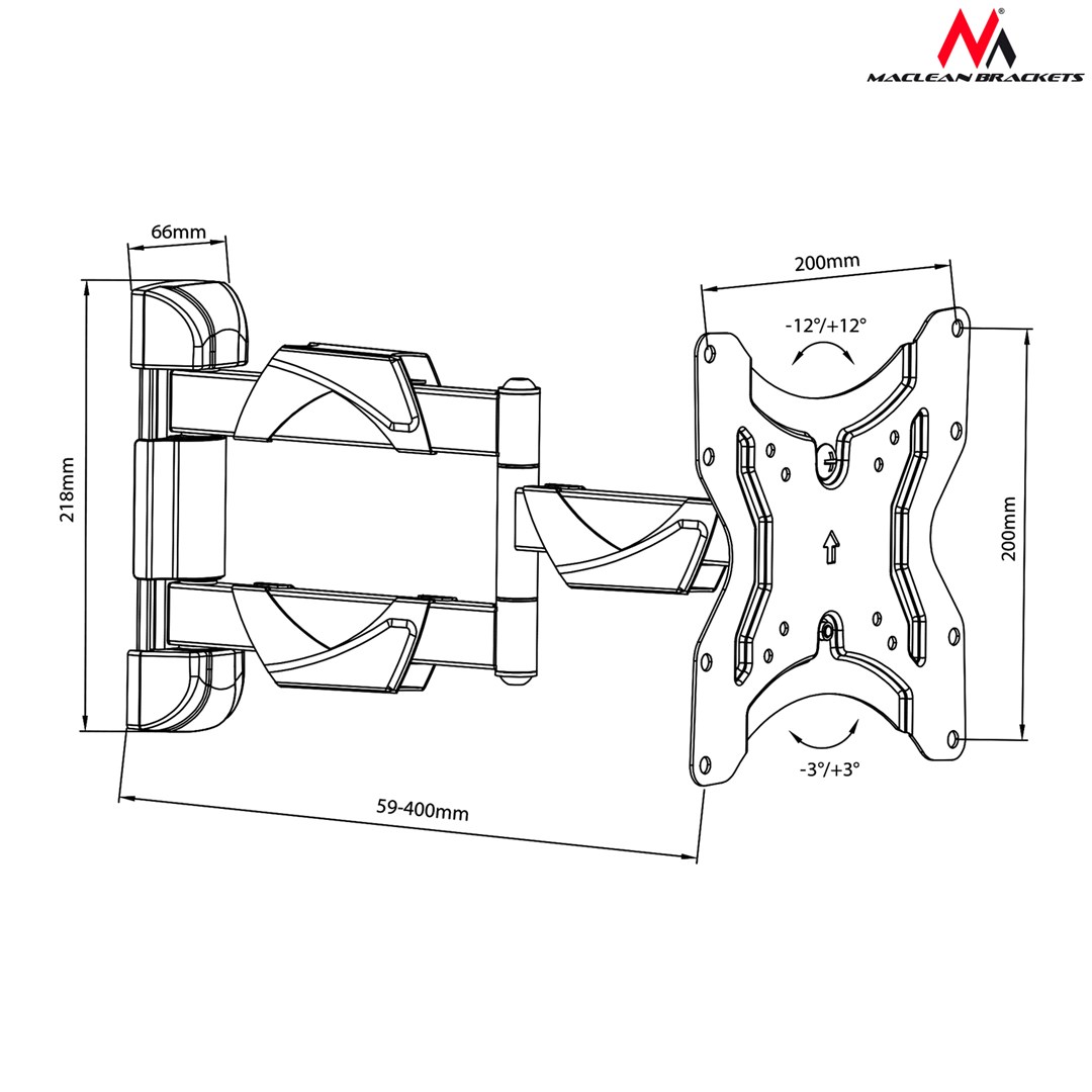Mbajtëse muri për TV Maclean MC-742, 13-42", VESA 200x200, 30kg, e zezë