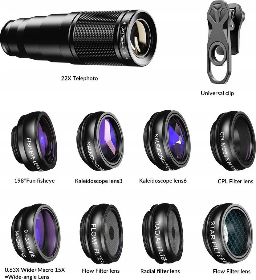 Set lentesh për smartphone Apexel 12 in 1 APL 22XDG9, 22x telefoto, fisheye, 15x makro