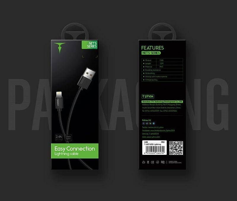 Kabllo USB T-Phox USB A në Lightning, 2m, 2.4A, e zezë