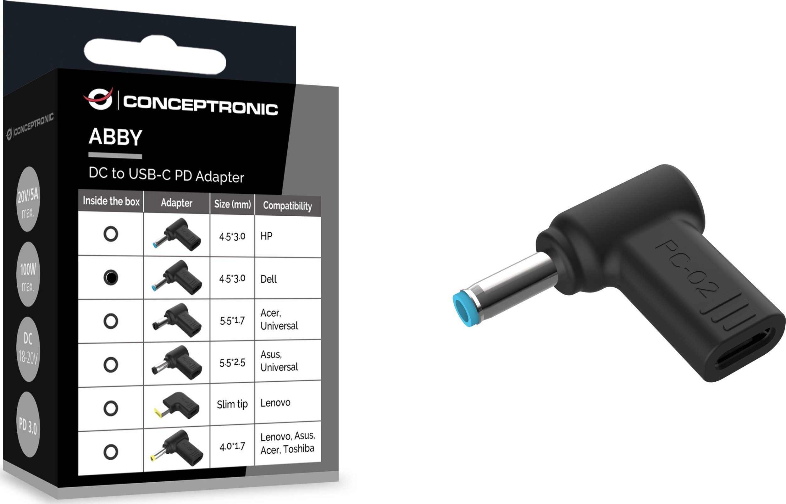 Adaptor energjie Conceptronic ABBY15PC02 DC në USB C për Dell 4.5x3.0mm, 18 20V, i zi