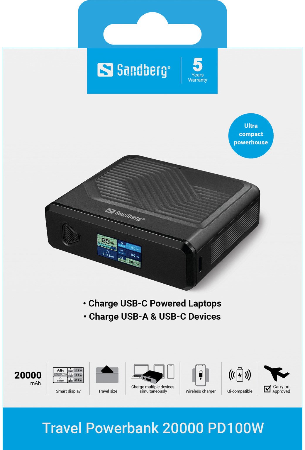Powerbank Sandberg Travel 20000mAh, PD 100W, безжично полнење, црна