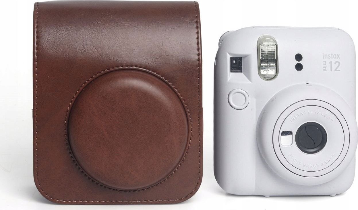 Etui për aparat LoveInstant për Fujifilm Instax Mini 12, lëkurë ekologjike, me rrip, kafe
