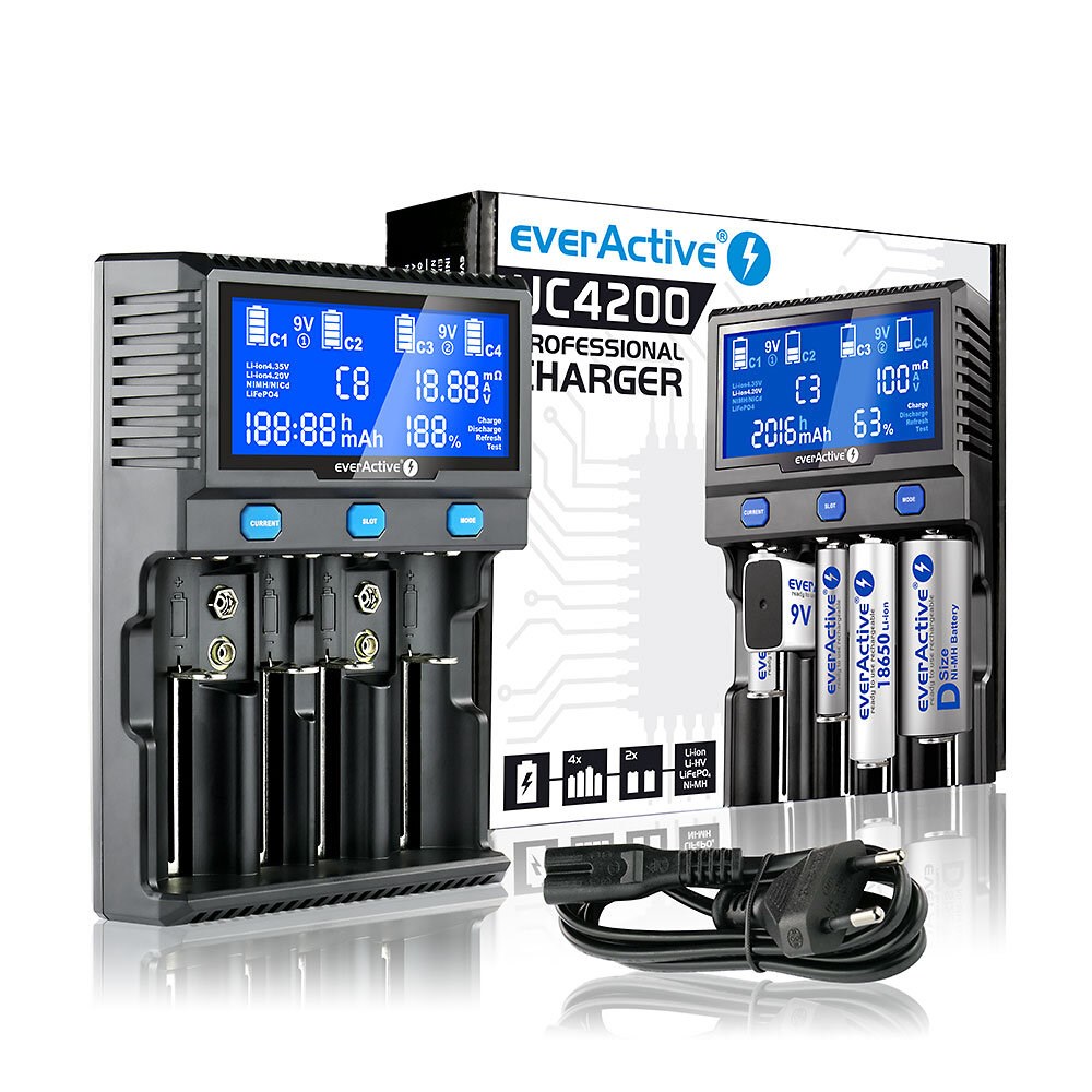 Karikues baterish EverActive UC4200, 4 kanale, ekran LCD, i zi