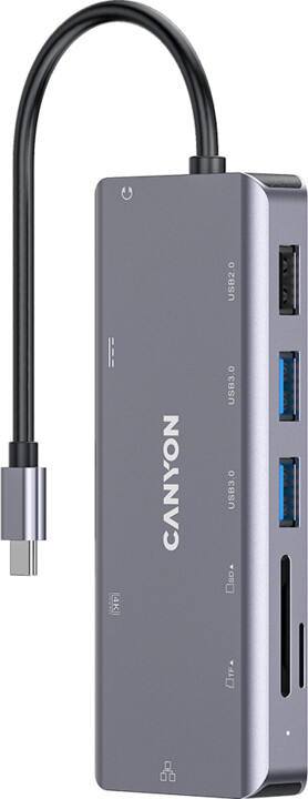 Replikator i portit CANYON DS-11 9v1, 1xUSB-C PD 100W, 1xHDMI (4K), 3xUSB-A, RJ45 Gb, 3.5mm jack, lexues SD/micro SD 