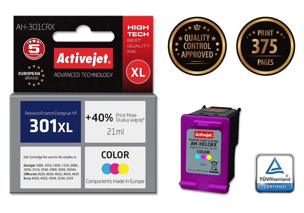 Ngjyrë për printer Activejet AH-301CRX (zëvendësim për HP 301XL CH564EE), 21 ml, e kaltër / vjollcë /  e verdhë