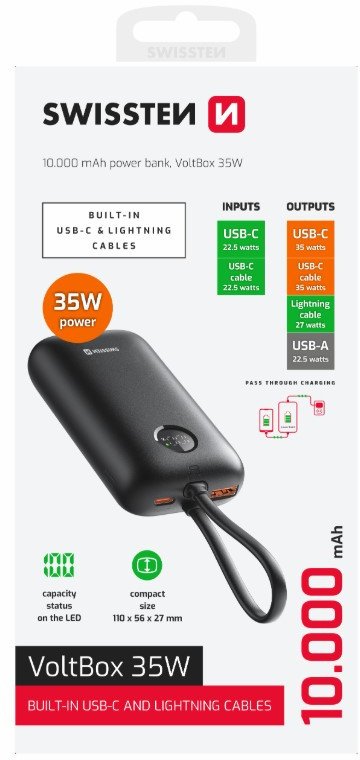 Power bank Swissten Voltbox, 10000 mAh, 35W, me kabllo USB C dhe Lightning, i zi