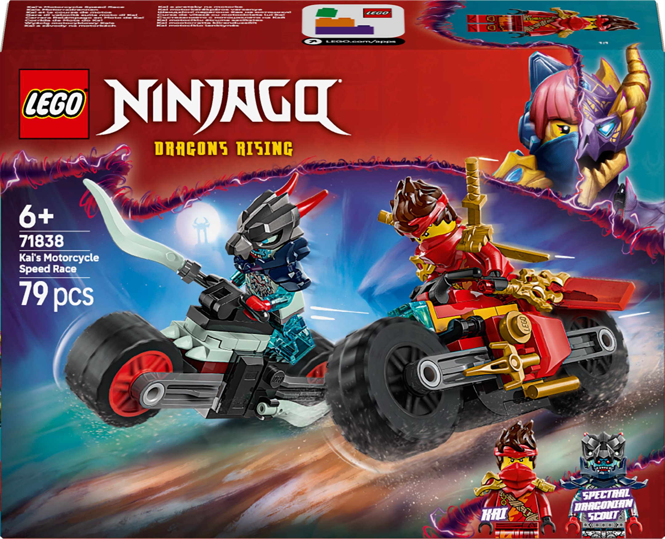 Set LEGO NINJAGO Kai’s Motorcycle Speed Race, 2 motoçikleta, për fëmijë
