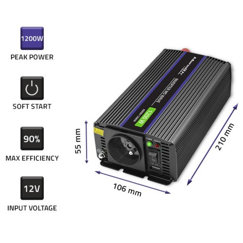 Inverter Qoltec Monolith, 600W, 12V në 230V, i zi