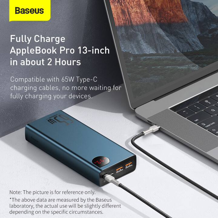 Powerbank me ekran dixhital Baseus Adaman Metal QC + PD, 20000mAh, 65W, i kaltër + kabllo USB-A/USB-C, 30cm, e zezë