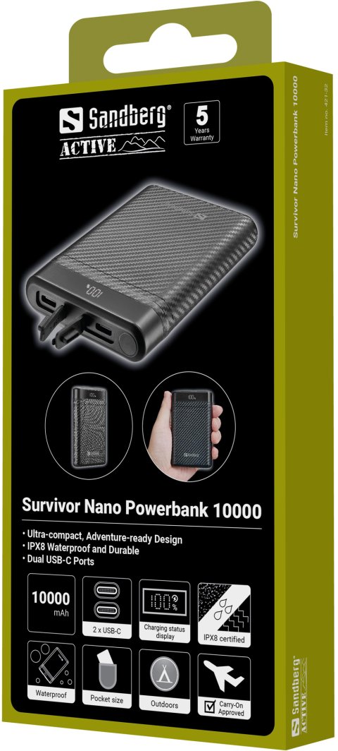 Powerbank Sandberg Survivor Nano, 10000 mAh, 20W PD, 2x USB-C, i zi